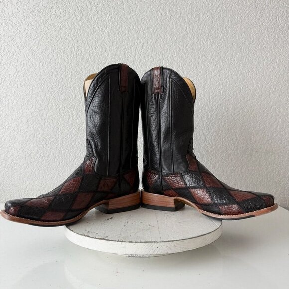 Rod Patrick Mens Patchwork Cowboy Boots 11C Brown Black Leather Western 11" Tall - Picture 8 of 12